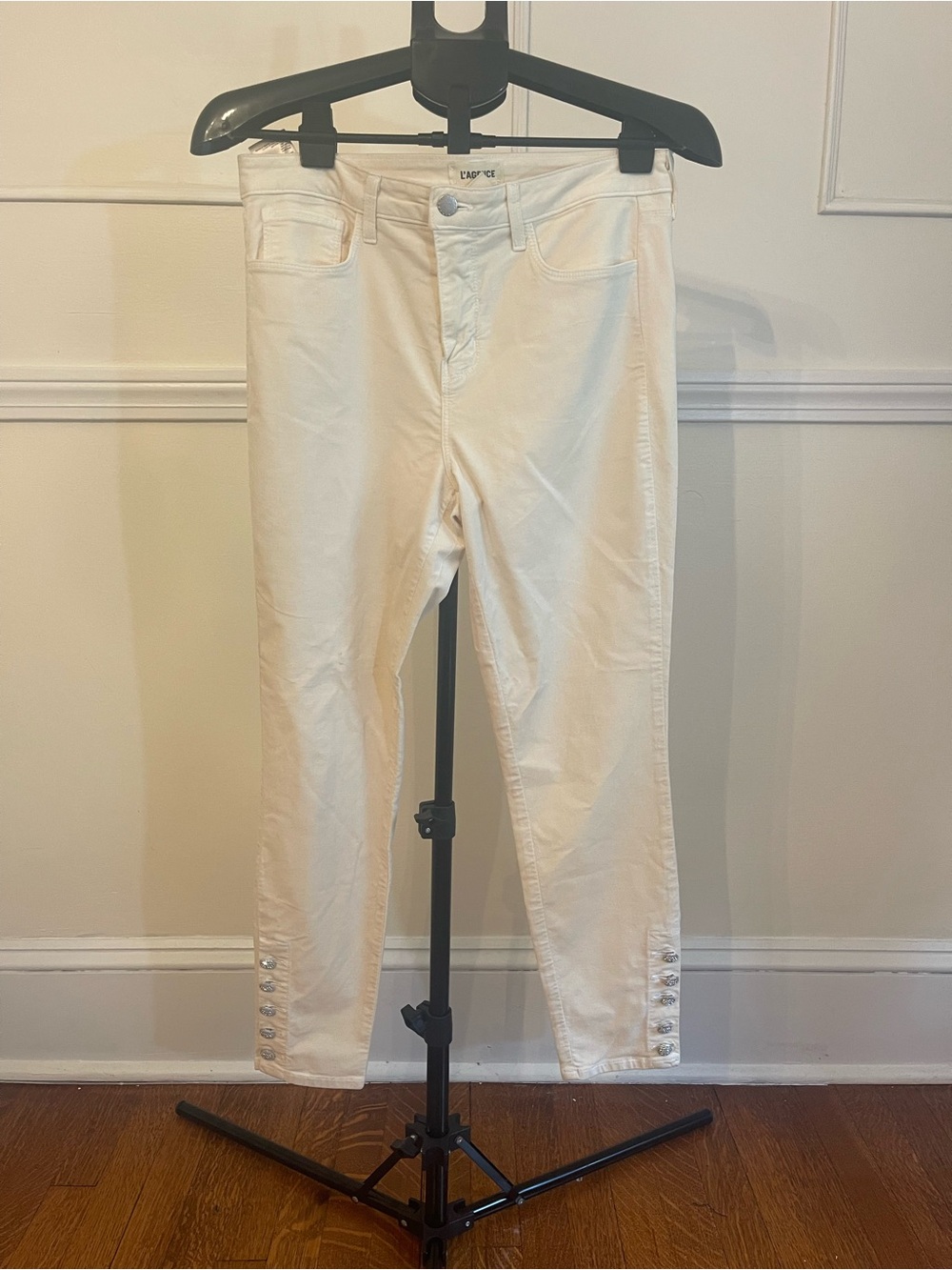 L'AGENCE Lindsey Winter White Rhinestone Ankle Button-Hem Jeans